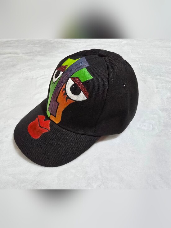 Accessories - Black Art Face Baseball Cap with Colorful Abstract Design, Hand Painted. Unisex